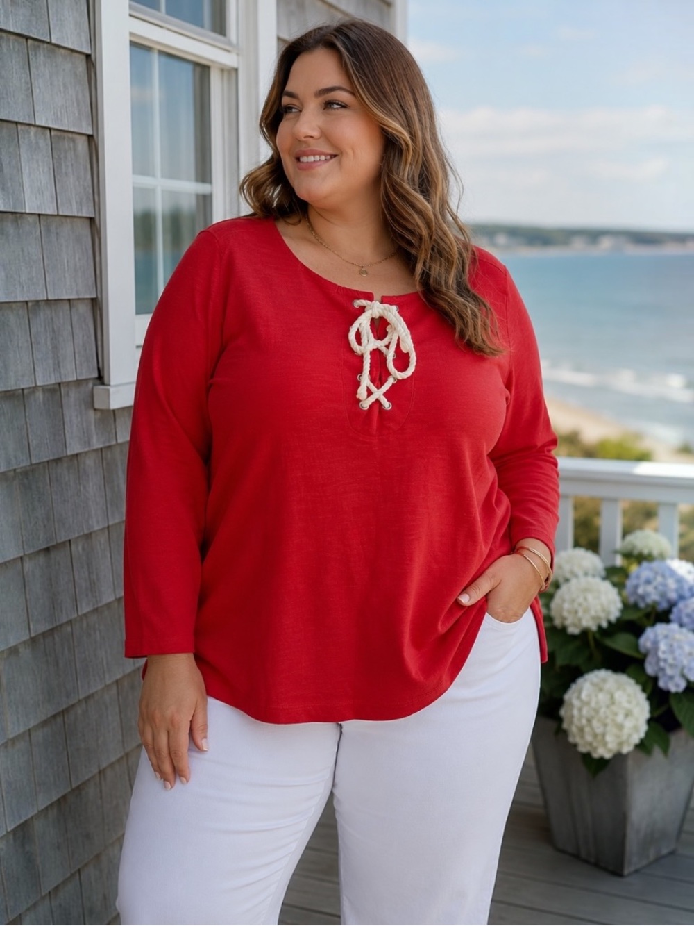 Talbots 3XP Red Cotton Rope Lace Up Long Sleeve Top Petite‎ MN1